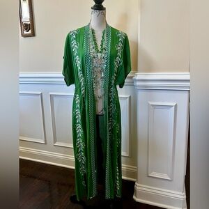 Green, Drawstring Maxi duster-side slits. Beige floral genuine embroidery trim.